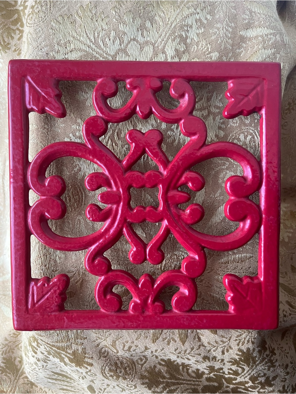 Vintage Red Enamel Cast Iron Trivet - Square Scrollwork Hot Plate